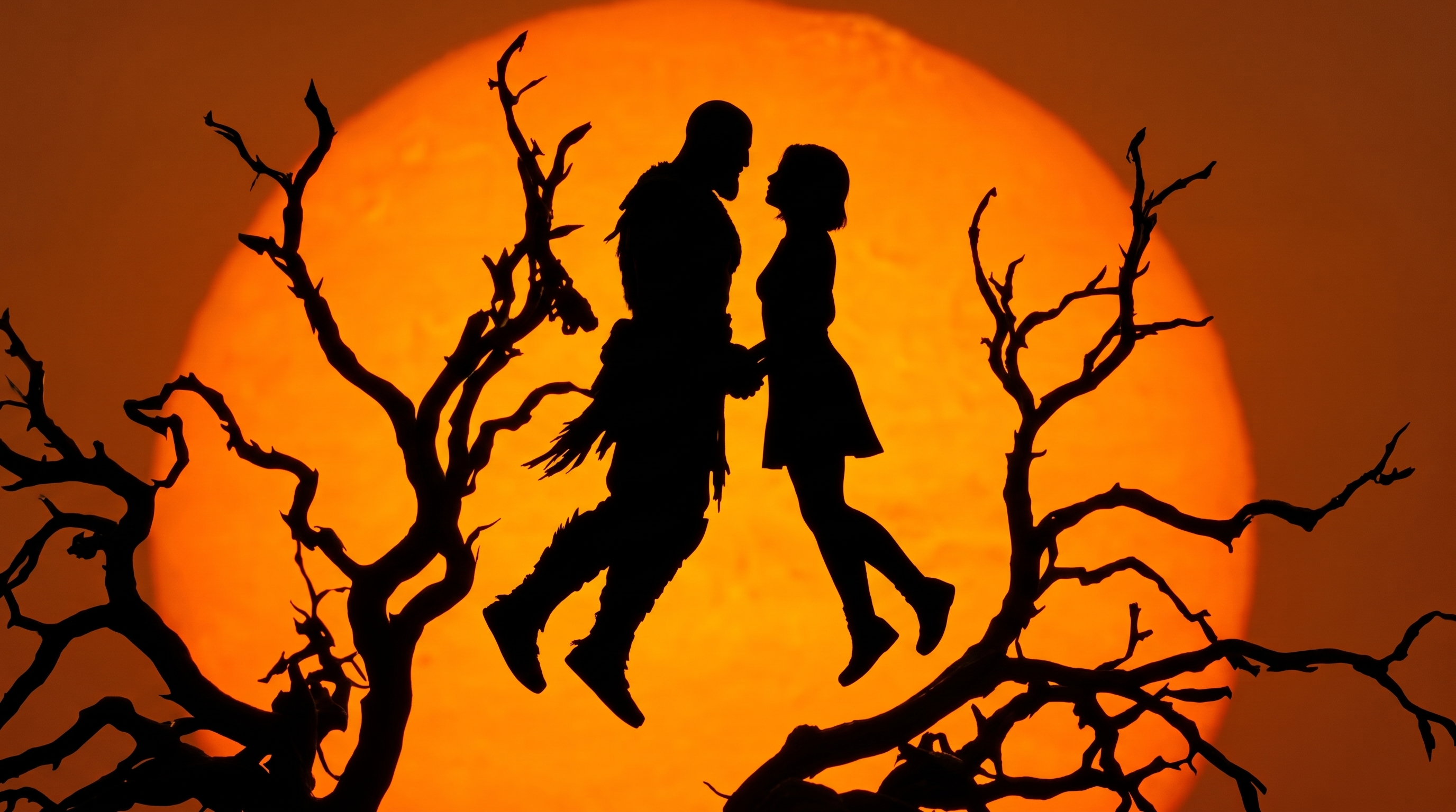 Silhouettes of God of War's Kratos and a companion face each other, framed by bare twisted tree branches against a huge gl...