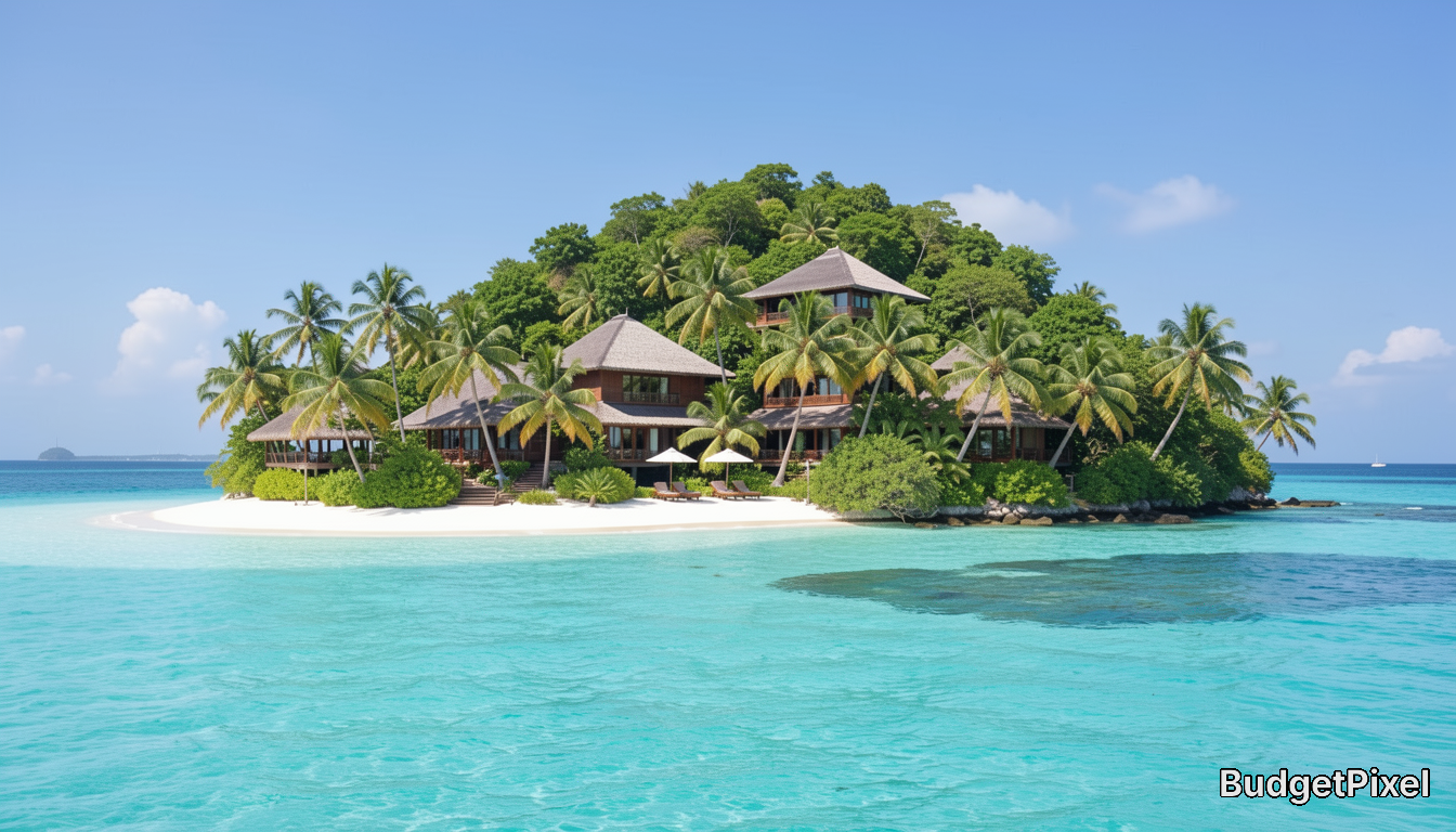 [Luxury private tropical island resort with thatched villas, palm trees, white sand beach and turquoise ocean under a clea...