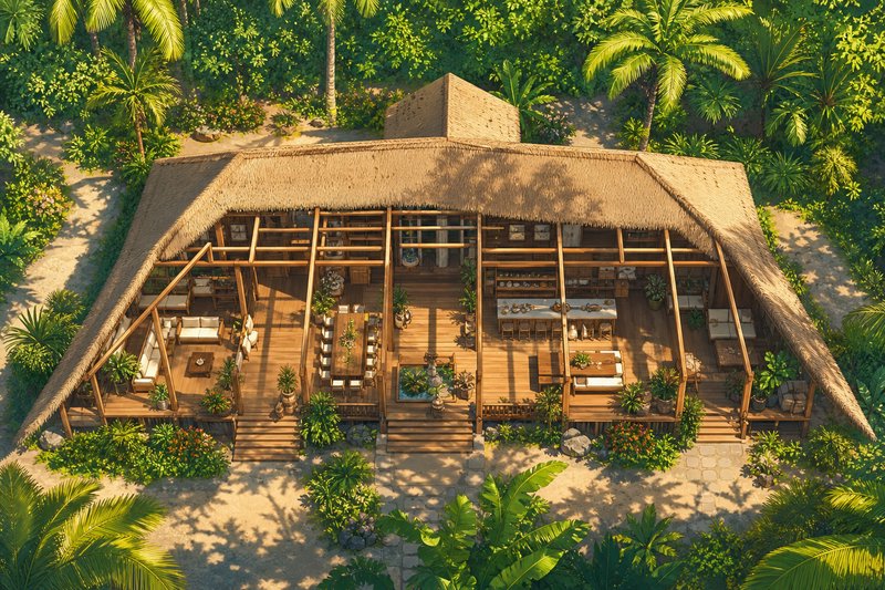 Aerial overhead view of an open-air tropical thatched roof villa nestled in lush jungle palm tree...