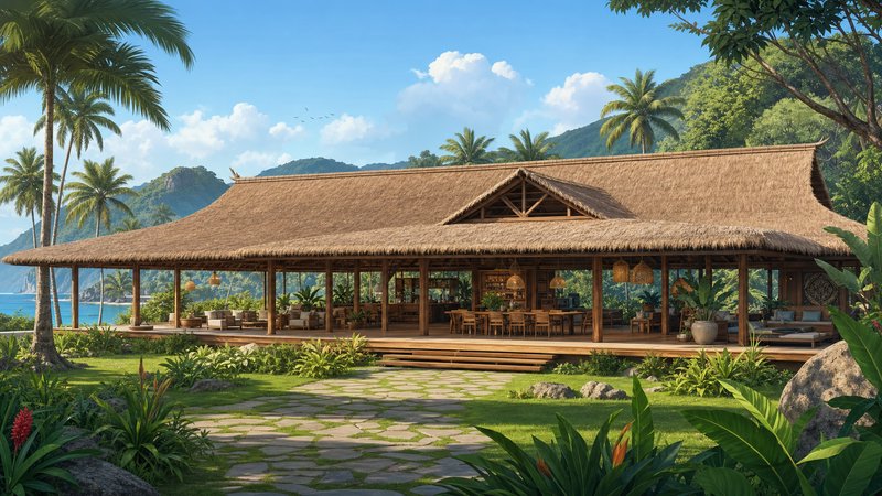 Open-air thatched-roof tropical beach resort lounge, framed by palm trees, with a turquoise ocean...
