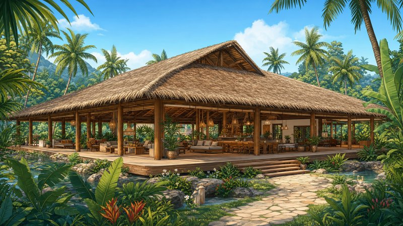 Open-air thatched-roof tropical resort pavilion surrounded by palm trees, lush foliage, and small...