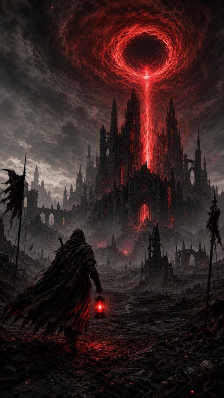 Hooded wanderer holding a glowing red lantern approaches a dark gothic castle beneath a swirling ...