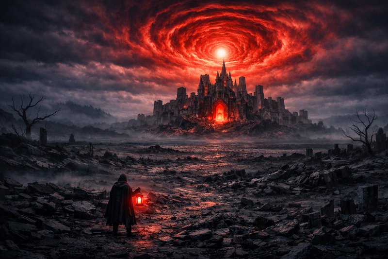 Hooded wanderer with glowing lantern stands in desolate rubble, facing a cursed gothic castle und...