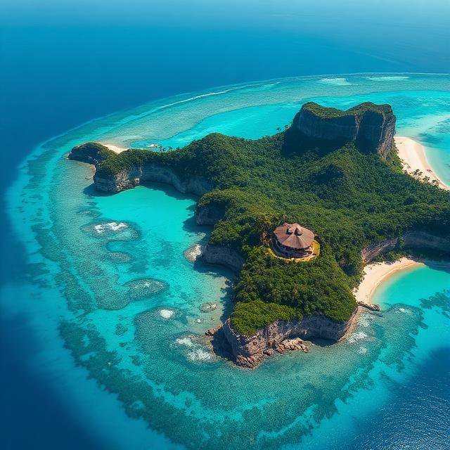 Aerial view of lush private tropical island with a thatched villa, surrounded by turquoise lagoon...