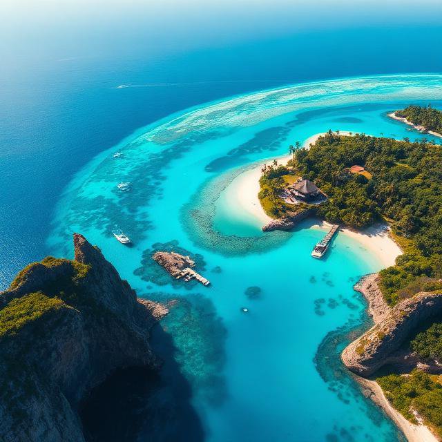 Aerial view of secluded tropical private island with turquoise lagoon, white sand beaches, moored...
