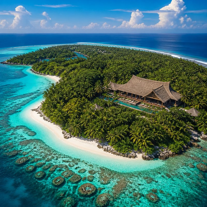 Aerial view of a secluded luxury tropical island resort with thatched villa, white sand beaches, ...