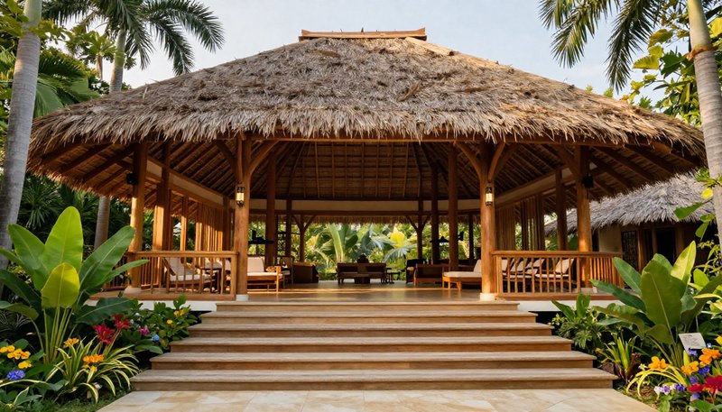 Open-air thatched wooden Balinese pavilion, accessed by wide stone steps, surrounded by lush trop...