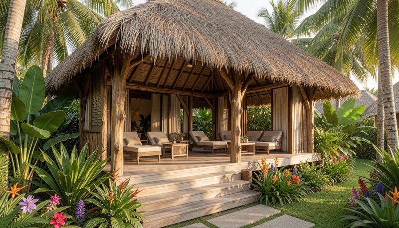 Luxury thatched tropical bungalow with wooden lounge deck surrounded by palm trees and vibrant fl...