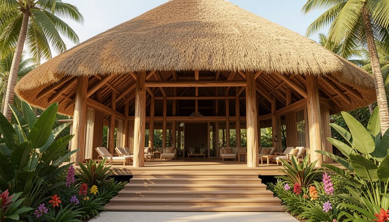 Luxury open-air thatched roof tropical resort pavilion with wooden steps, lounge seating, surroun...
