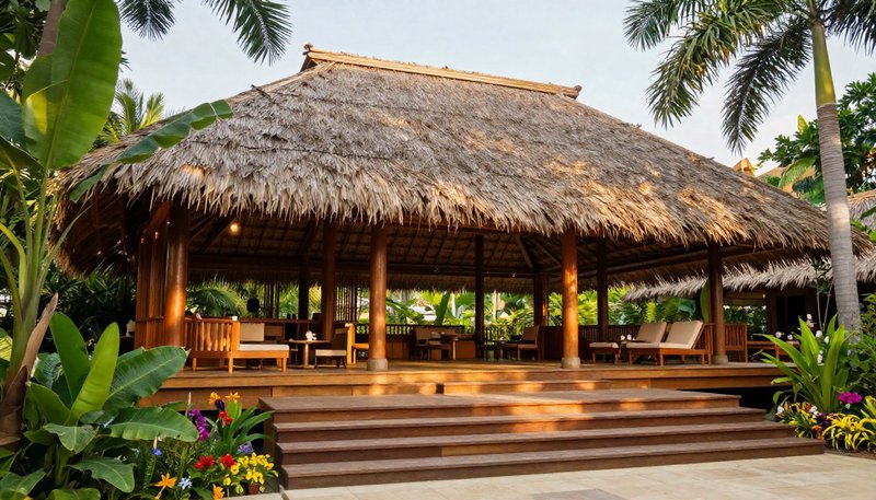 Sunlit open-air tropical thatch roof resort pavilion surrounded by palm trees and vibrant tropica...