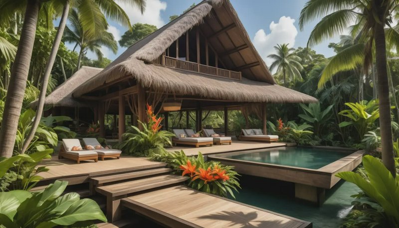 Luxury thatched tropical villa with private pool, wooden sun deck, palm trees, and lush jungle gr...