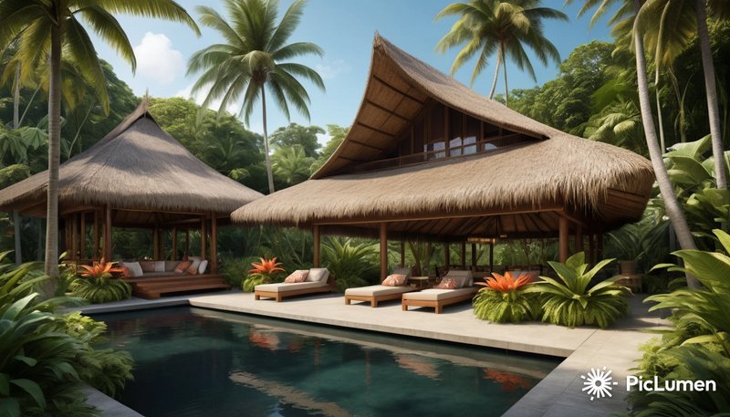 Luxury tropical thatched roof villa with private swimming pool, lounge seating, and lush palm tre...