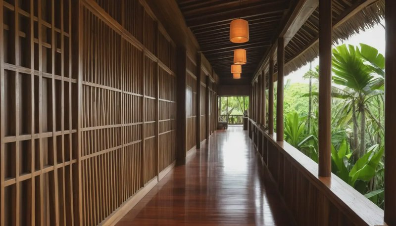 Long polished wood resort corridor with hanging pendant lanterns overlooking lush tropical rainfo...