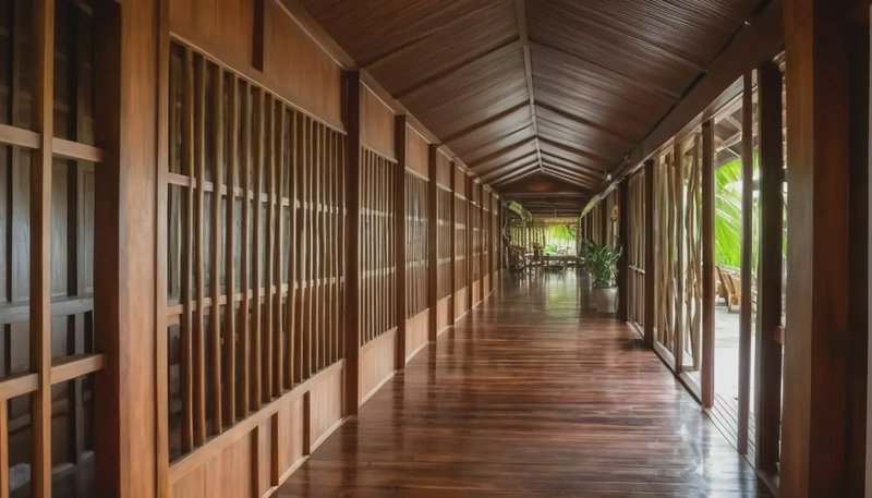 Long polished warm wood resort hallway with vaulted ceiling, slatted partition walls, and views o...