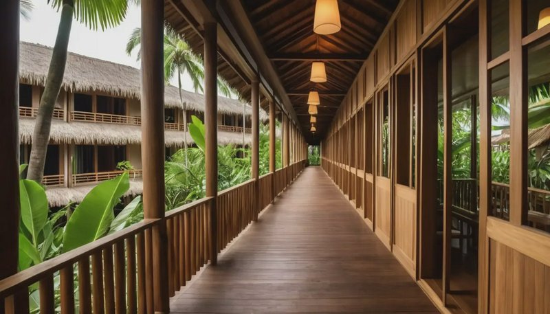 Covered wooden resort walkway lined with pendant lights, overlooking tropical foliage and thatche...