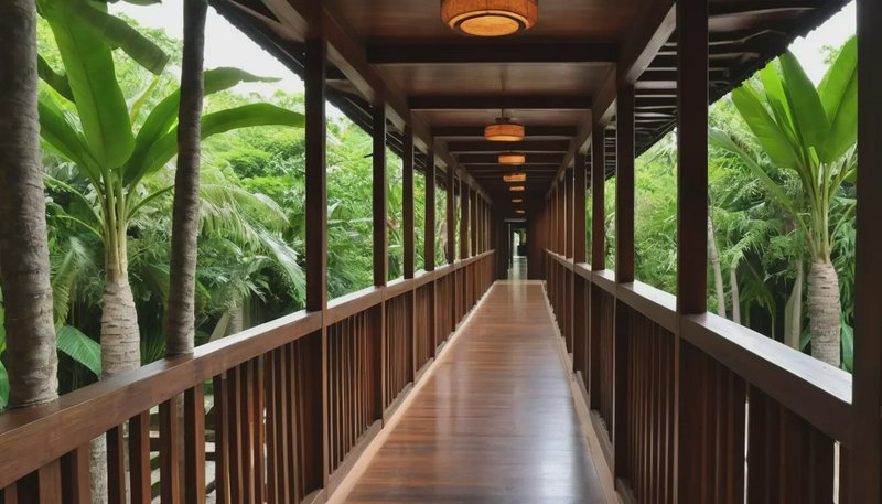 Long open-air wooden resort corridor lined with warm hanging lanterns, surrounded by lush tropica...