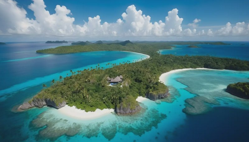Aerial view of a lush private tropical island, white sand beaches, turquoise coral lagoons, and a...