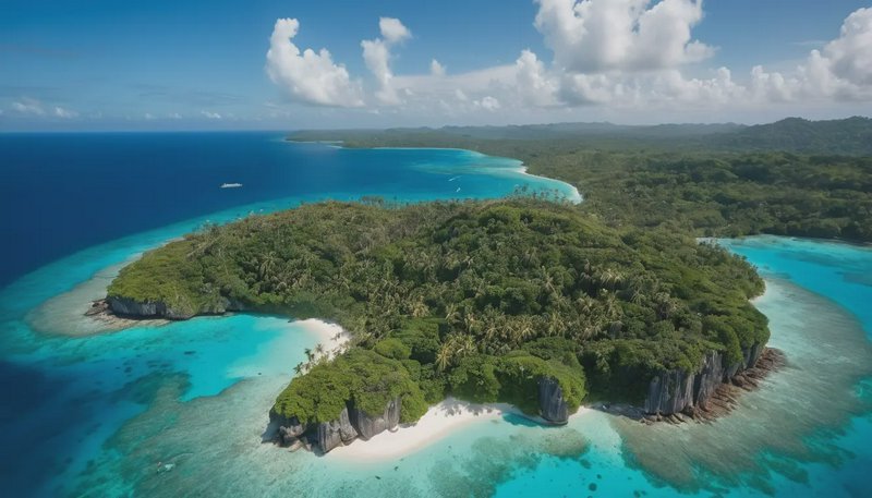 Aerial view of lush forested tropical island with white sand beaches, turquoise coral reef, and d...