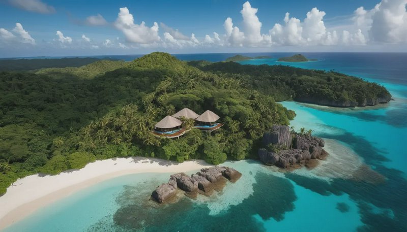 Aerial view of a secluded tropical island with thatched luxury bungalows, white sand beach, turqu...