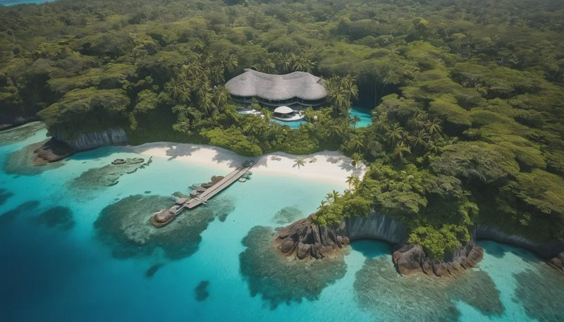 Aerial view of secluded luxury private island resort with thatched villa, white sand beach, turqu...