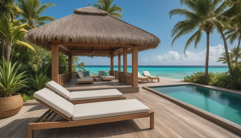 Thatched beach cabana with lounge chairs and private pool overlooks turquoise tropical ocean on a...