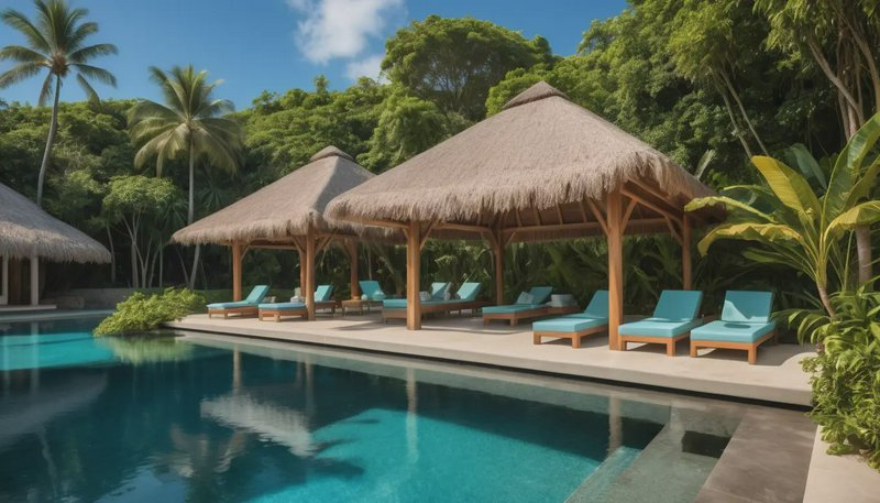 Luxury tropical resort pool with thatched palapa cabanas, turquoise lounge chairs, and lush jungl...
