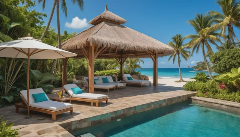 Thatched beach palapa cabana with lounge chairs, infinity pool, and tropical ocean view on a brig...
