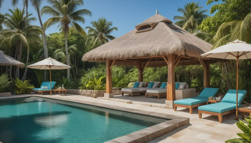 Luxury tropical resort pool with thatched palapa, turquoise lounge chairs, and palm trees under b...