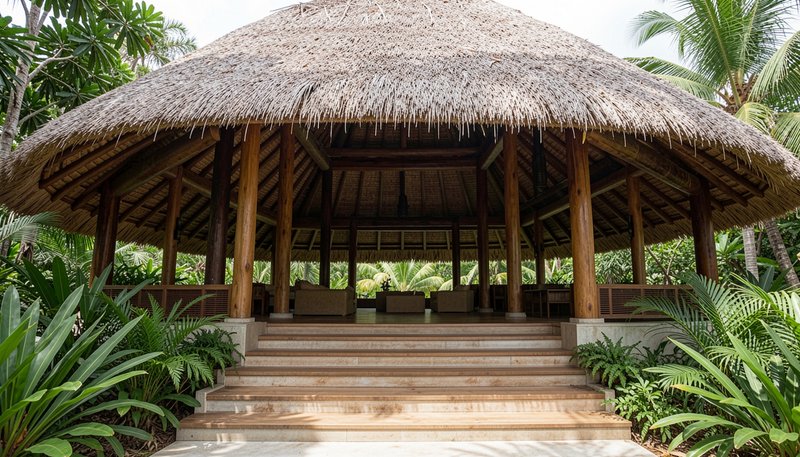 Open-air Balinese thatched roof pavilion with wooden support pillars, entry stairs surrounded by ...