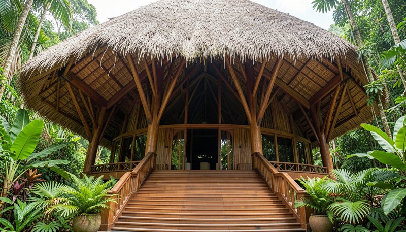 Grand thatched roof tropical jungle lodge entrance with wide wooden stairs surrounded by dense lu...