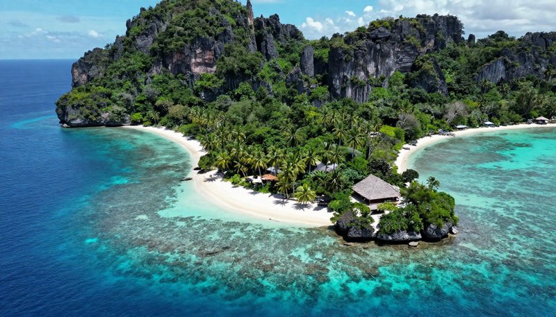 Aerial view of secluded tropical private island with white sand beach, palm trees, thatched bunga...