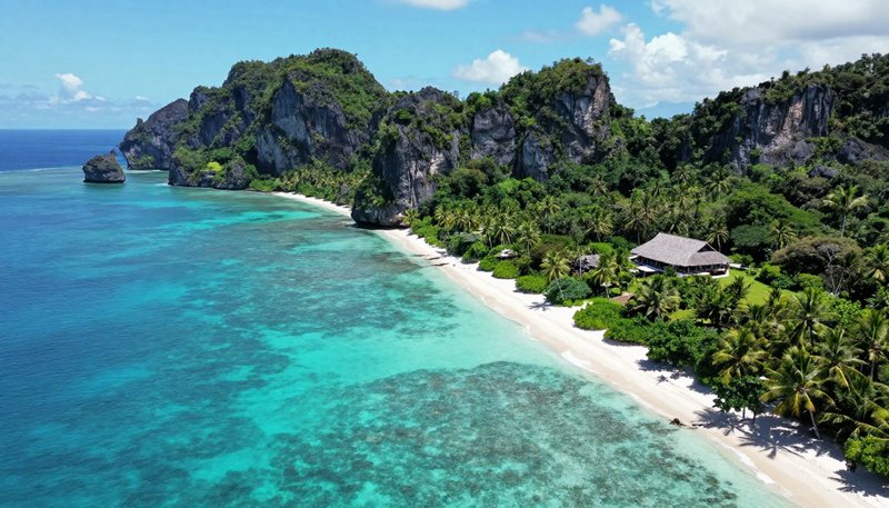 Aerial view of secluded tropical private island with white sand beach, turquoise coral ocean, for...