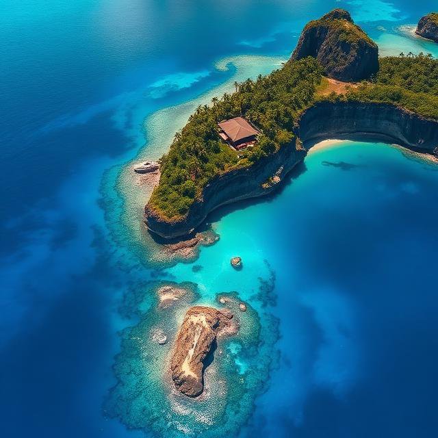 Aerial view of a lush private tropical island with a secluded vacation home, surrounded by bright...