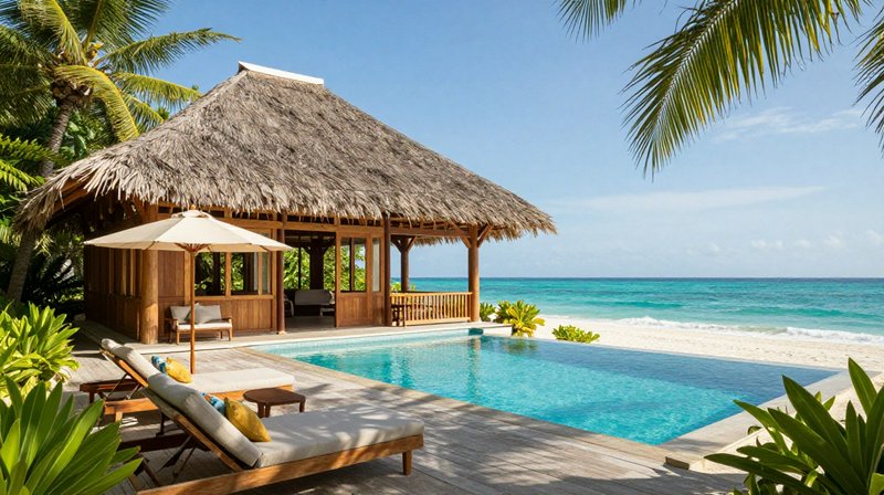 Luxury beachfront thatched villa with private pool, lounge seating, palm trees, overlooking turqu...