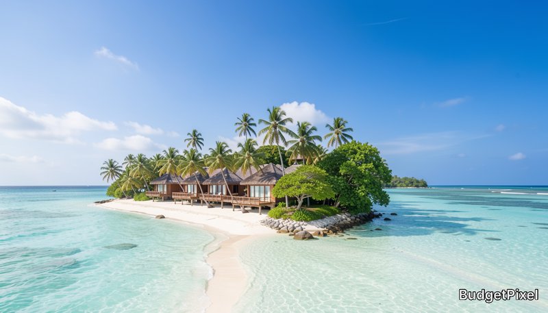 Tiny tropical island with thatched beach bungalows, palm trees, white sand, and clear turquoise o...