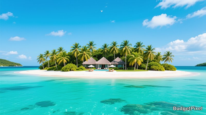 Private tropical resort island with thatched bungalows, palm trees, white sand, and bright turquo...