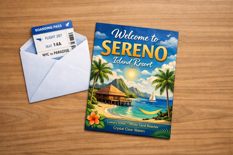 Sereno Island Resort promotional flyer next to an open envelope holding a tropical vacation board...