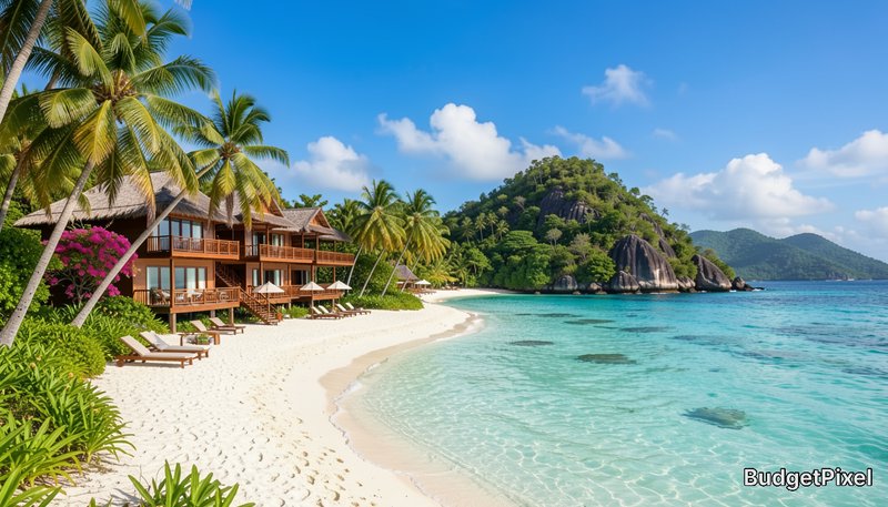 Luxury tropical beach resort with wooden stilt villas, palm trees, white sand, and clear turquois...
