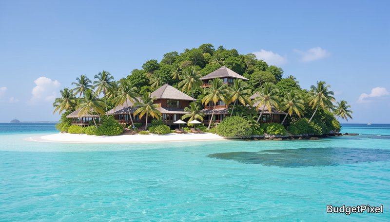Luxury private tropical island resort with thatched villas, palm trees, white sand beach and turq...