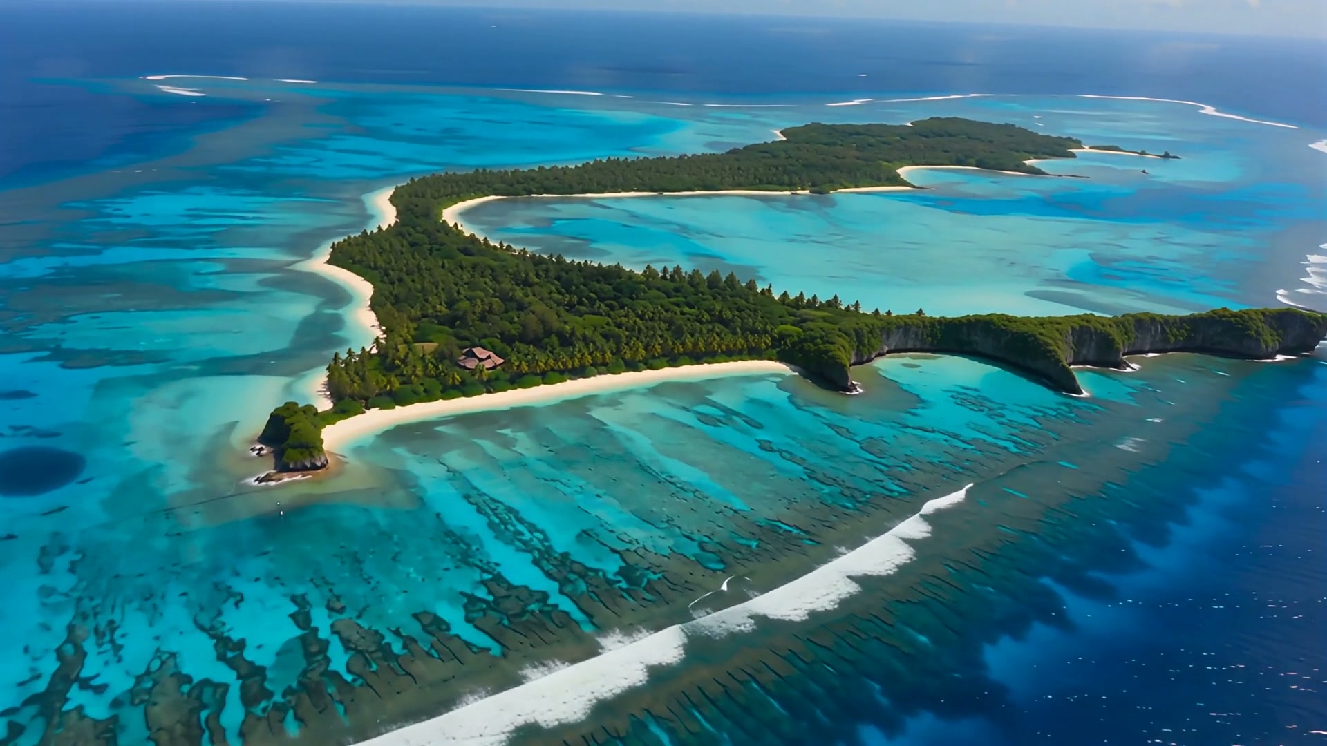 Aerial view of a heart-shaped tropical private island with white sand beaches, dense jungle, turq...