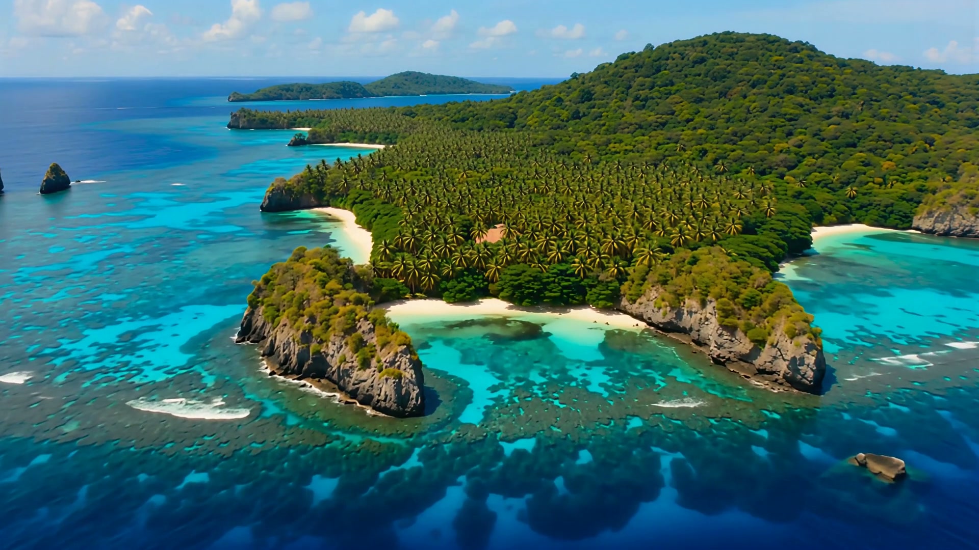 Aerial view of a lush tropical island with white sand beaches, palm forests, and vibrant turquois...