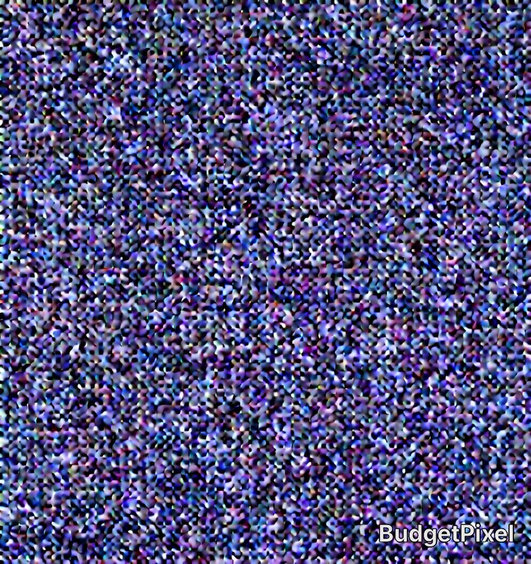 Dense analog TV static noise texture with blended blue, purple, and white speckled grain, small B...