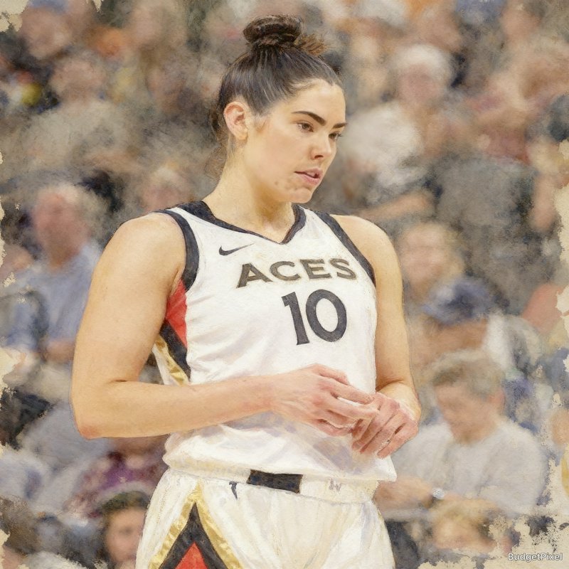 Watercolor portrait of Las Vegas Aces WNBA player Kelsey Plum wearing #10 uniform, with a game sp...