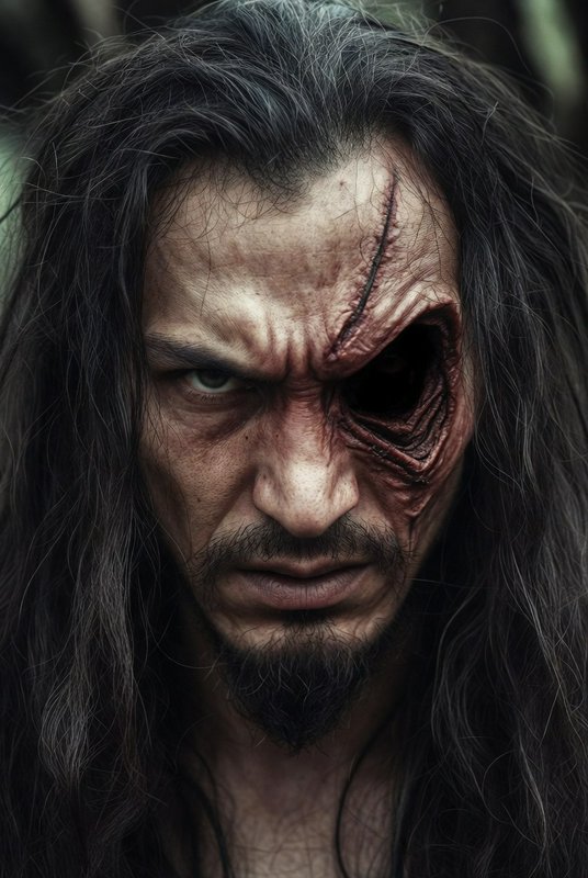 Close-up portrait of a gaunt long-haired man with a horrific scarred hollow eye socket, glaring i...