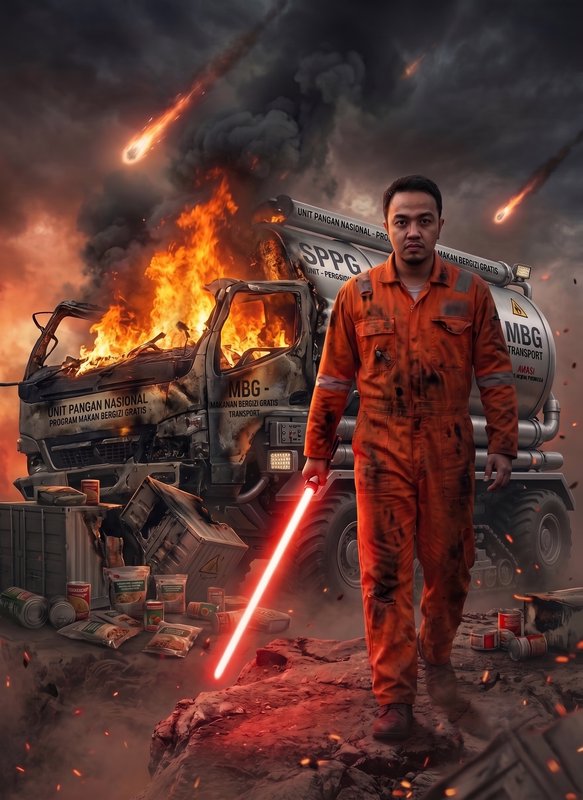 Man in soot-stained orange work overalls holds a red lightsaber, standing before a burning supply...