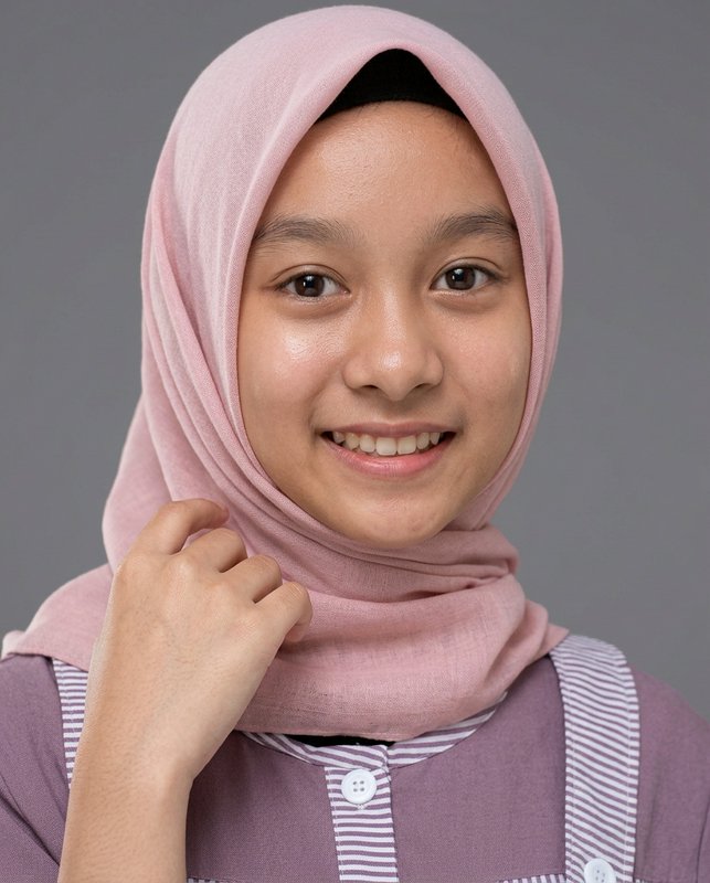 Close-up studio portrait of a smiling young Muslim woman wearing a soft light pink hijab against a plain grey background.