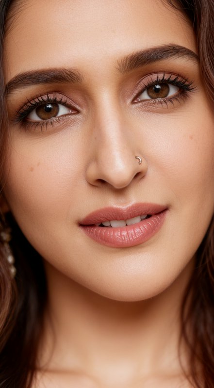 Close-up portrait of Indian actress Vaani Kapoor with soft neutral makeup, a small silver nose ri...