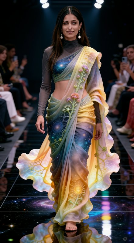 South Asian model walks a fashion runway in a futuristic gradient galaxy-print saree with 3D flor...
