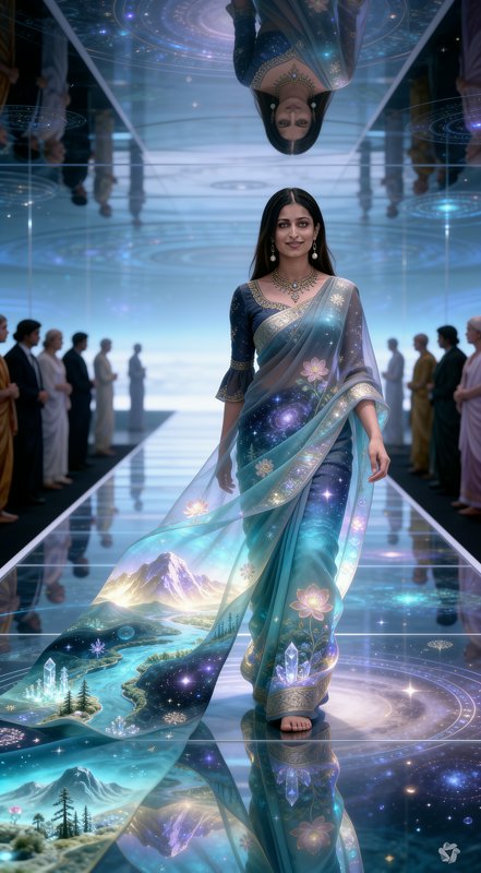 "South Asian model walks a reflective fashion runway in an ethereal galaxy-and-mountain printed s...