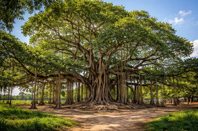 Massive ancient banyan tree with sprawling leafy canopy and aerial prop roots stands in a sunlit ...